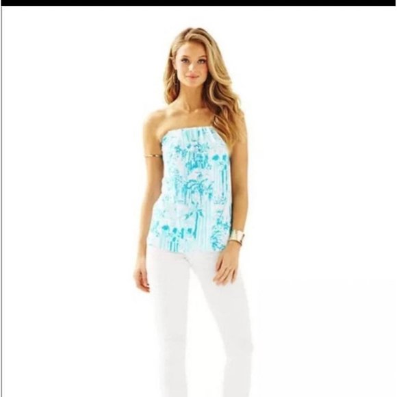 Lilly Pulitzer Tops - Lilly Pulitzer Blue and White Tyra Tube Top Women Size XS La Via Loca Palm Trees
